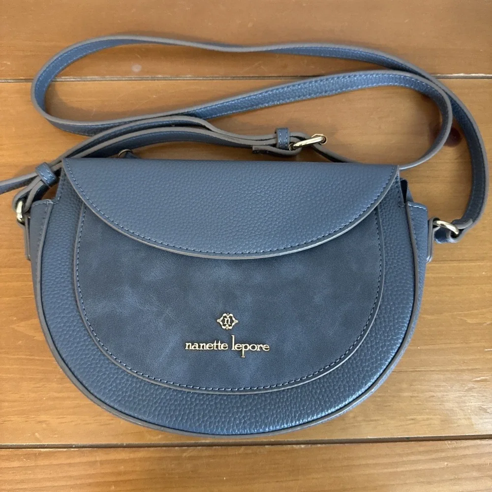 Nanette Lepore Half Moon Crescent Top Zip Flap Blue Faux Leather - Easter Spring